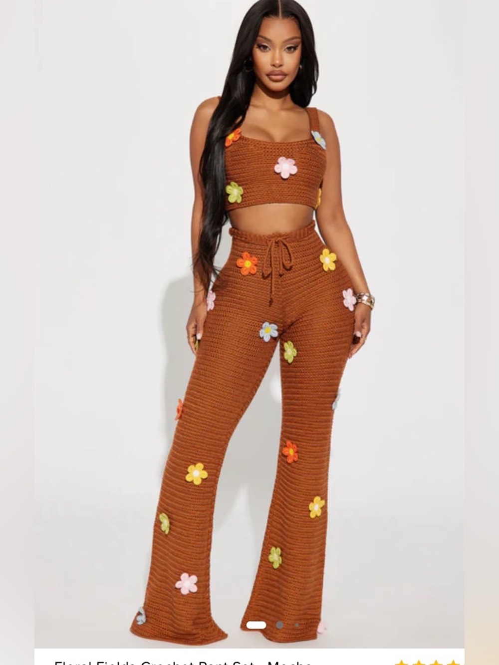 Fashion Nova Brown Crochet Hoodie Set with Pink Flower Appliqué
